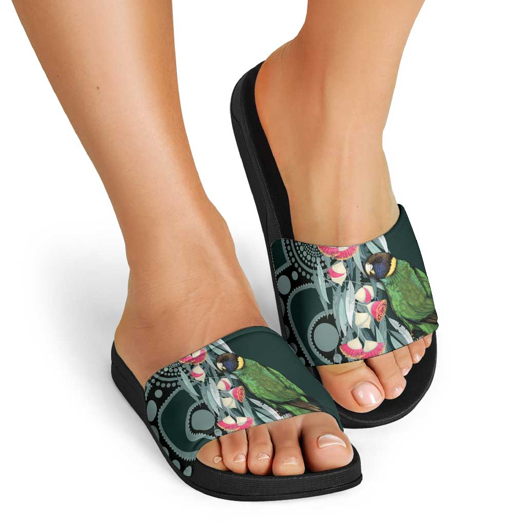 Australian Ringneck Parrot Slide Sandals Barnardius Zonarius Eucalyptus Flowers Aboriginal Art