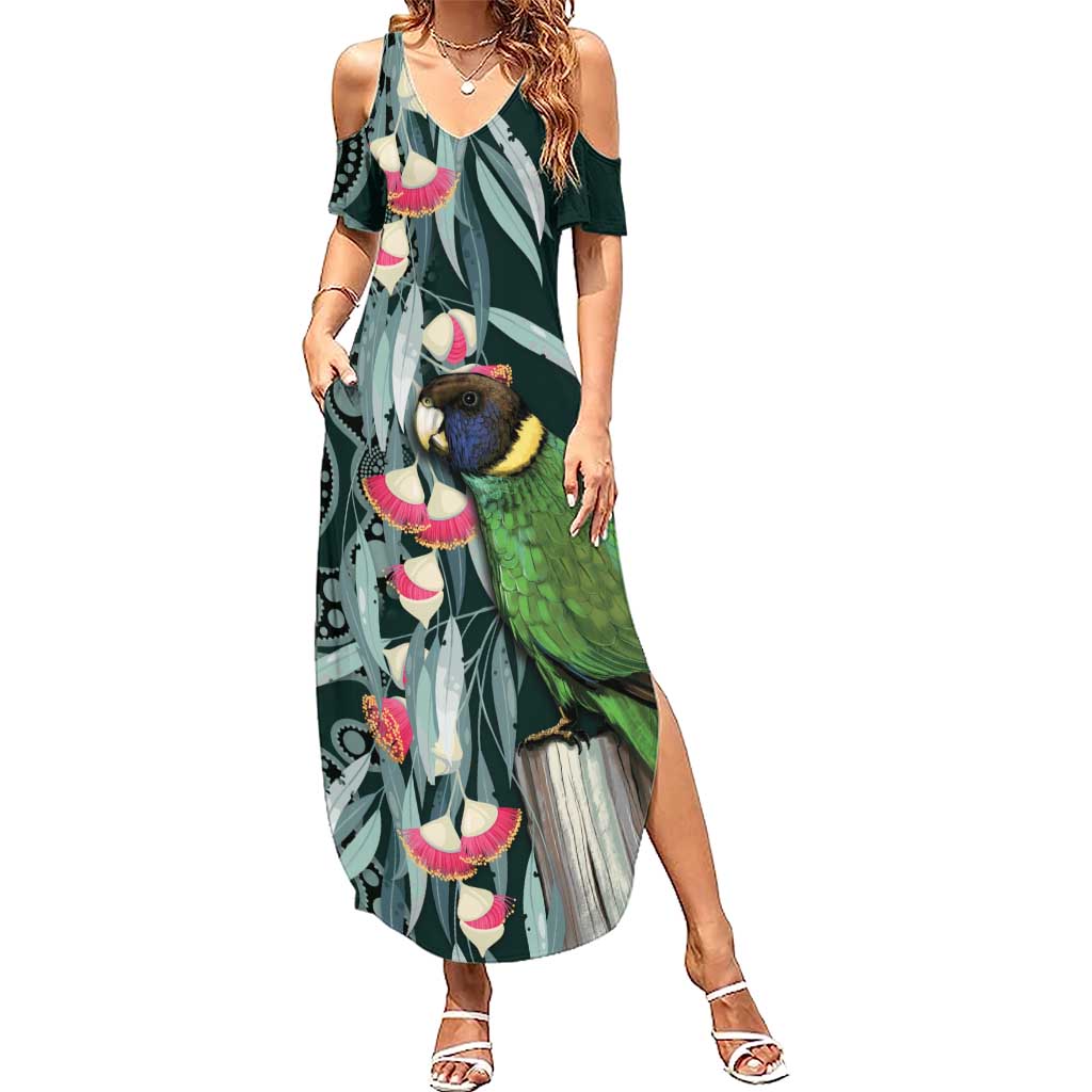 Australian Ringneck Parrot Summer Maxi Dress Barnardius Zonarius Eucalyptus Flowers Aboriginal Art