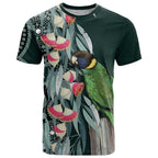 Australian Ringneck Parrot T Shirt Barnardius Zonarius Eucalyptus Flowers Aboriginal Art