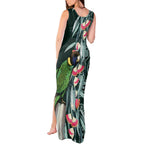 Australian Ringneck Parrot Tank Maxi Dress Barnardius Zonarius Eucalyptus Flowers Aboriginal Art
