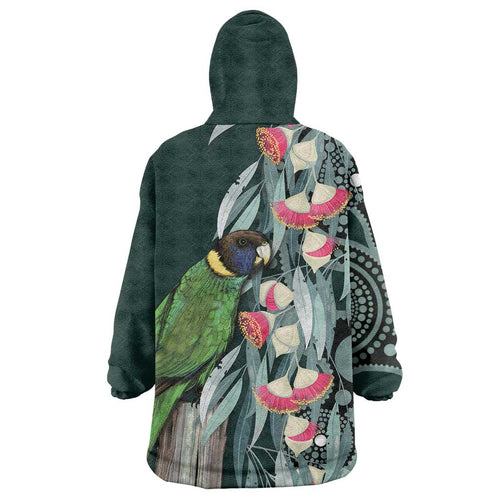 Australian Ringneck Parrot Wearable Blanket Hoodie Barnardius Zonarius Eucalyptus Flowers Aboriginal Art