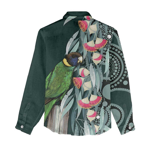 Australian Ringneck Parrot Women Casual Shirt Barnardius Zonarius Eucalyptus Flowers Aboriginal Art