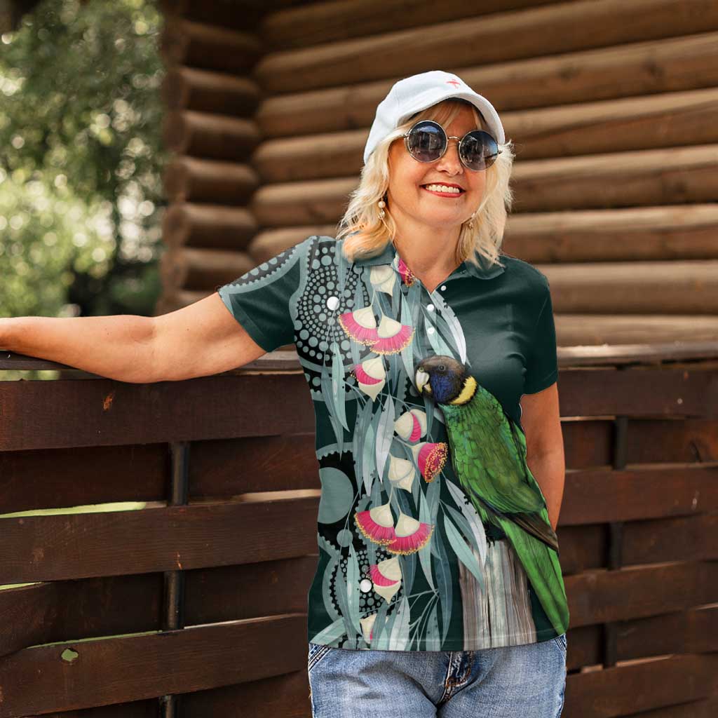 Australian Ringneck Parrot Women Polo Shirt Barnardius Zonarius Eucalyptus Flowers Aboriginal Art