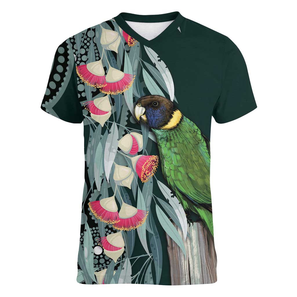 Australian Ringneck Parrot Women V-Neck T-Shirt Barnardius Zonarius Eucalyptus Flowers Aboriginal Art
