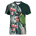 Australian Ringneck Parrot Women V-Neck T-Shirt Barnardius Zonarius Eucalyptus Flowers Aboriginal Art