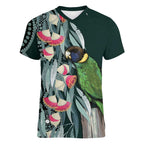 Australian Ringneck Parrot Women V-Neck T-Shirt Barnardius Zonarius Eucalyptus Flowers Aboriginal Art
