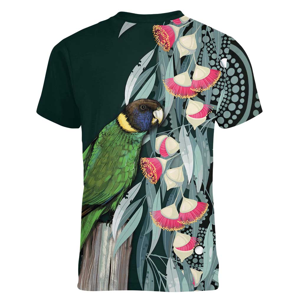 Australian Ringneck Parrot Women V-Neck T-Shirt Barnardius Zonarius Eucalyptus Flowers Aboriginal Art