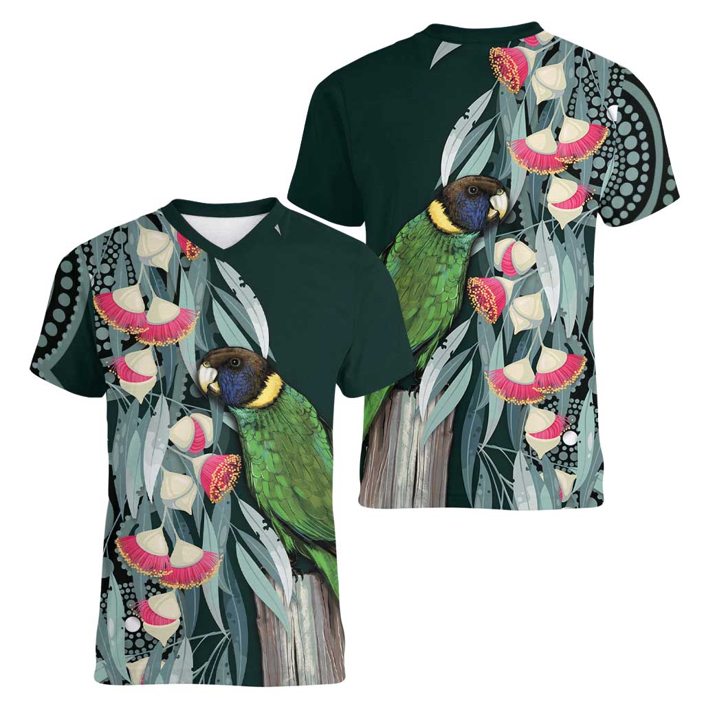 Australian Ringneck Parrot Women V-Neck T-Shirt Barnardius Zonarius Eucalyptus Flowers Aboriginal Art