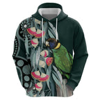 Australian Ringneck Parrot Zip Hoodie Barnardius Zonarius Eucalyptus Flowers Aboriginal Art