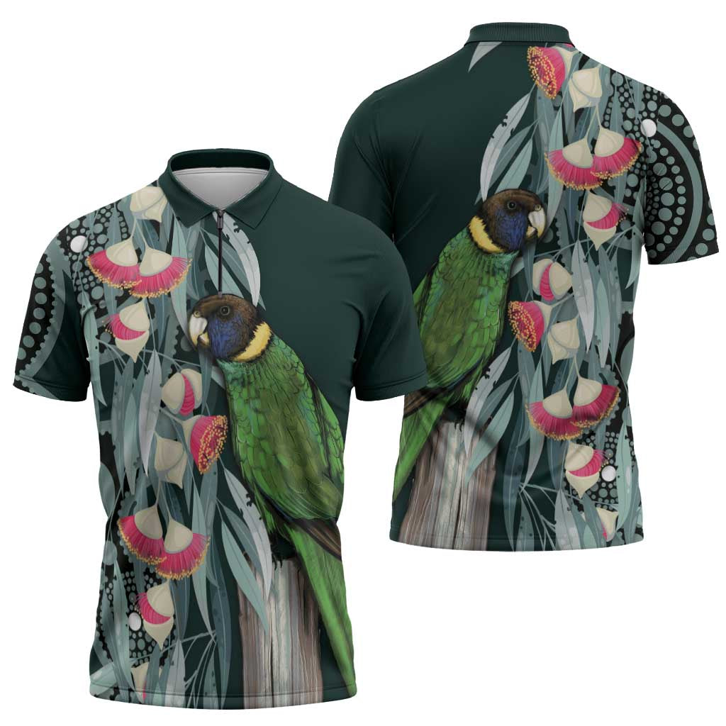 Australian Ringneck Parrot Zipper Polo Shirt Barnardius Zonarius Eucalyptus Flowers Aboriginal Art