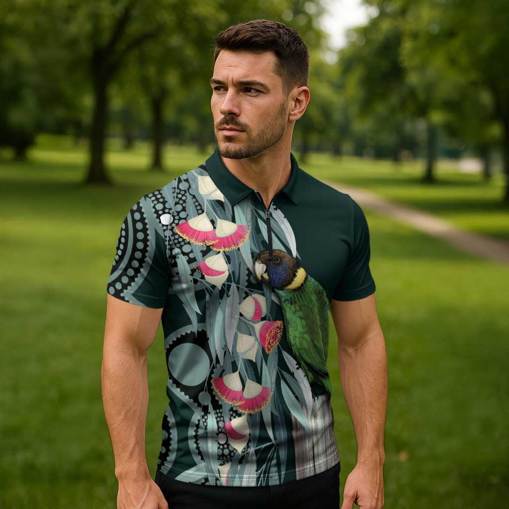Australian Ringneck Parrot Zipper Polo Shirt Barnardius Zonarius Eucalyptus Flowers Aboriginal Art