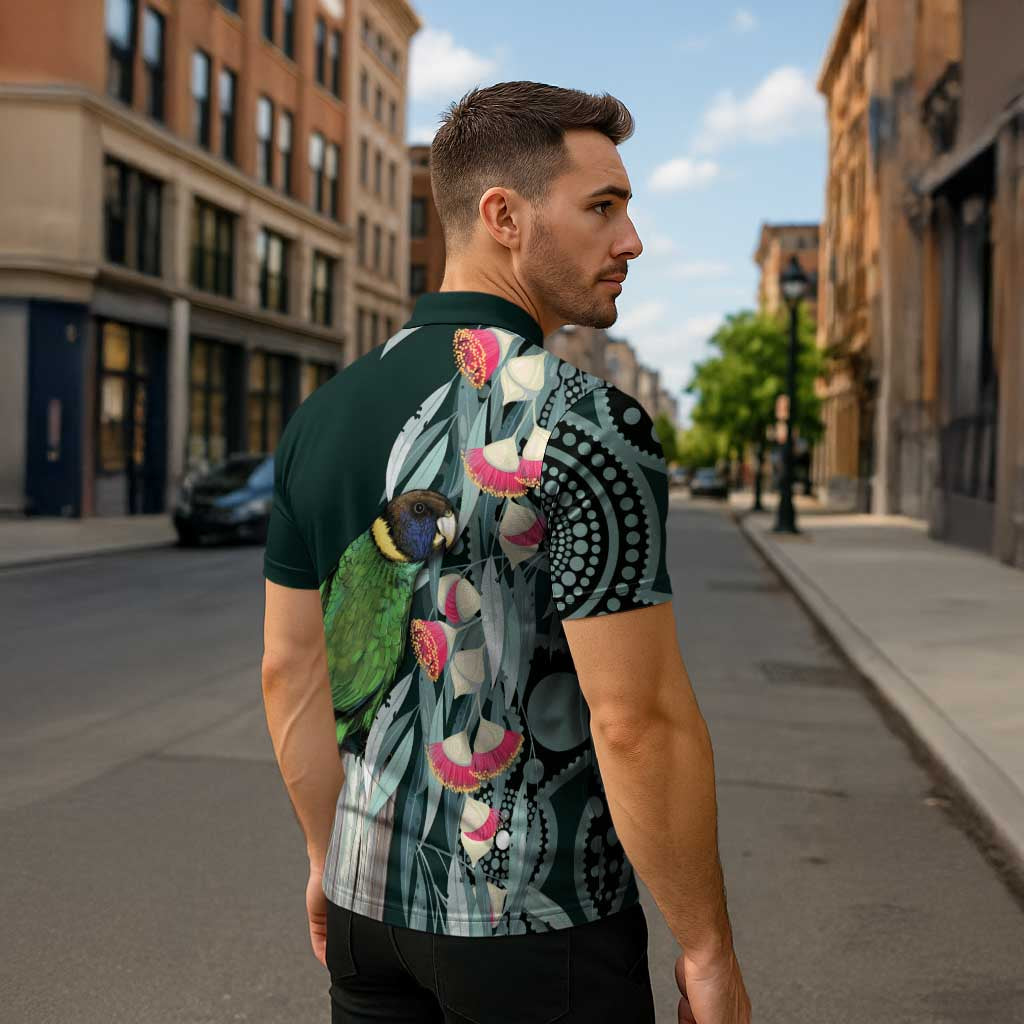 Australian Ringneck Parrot Zipper Polo Shirt Barnardius Zonarius Eucalyptus Flowers Aboriginal Art