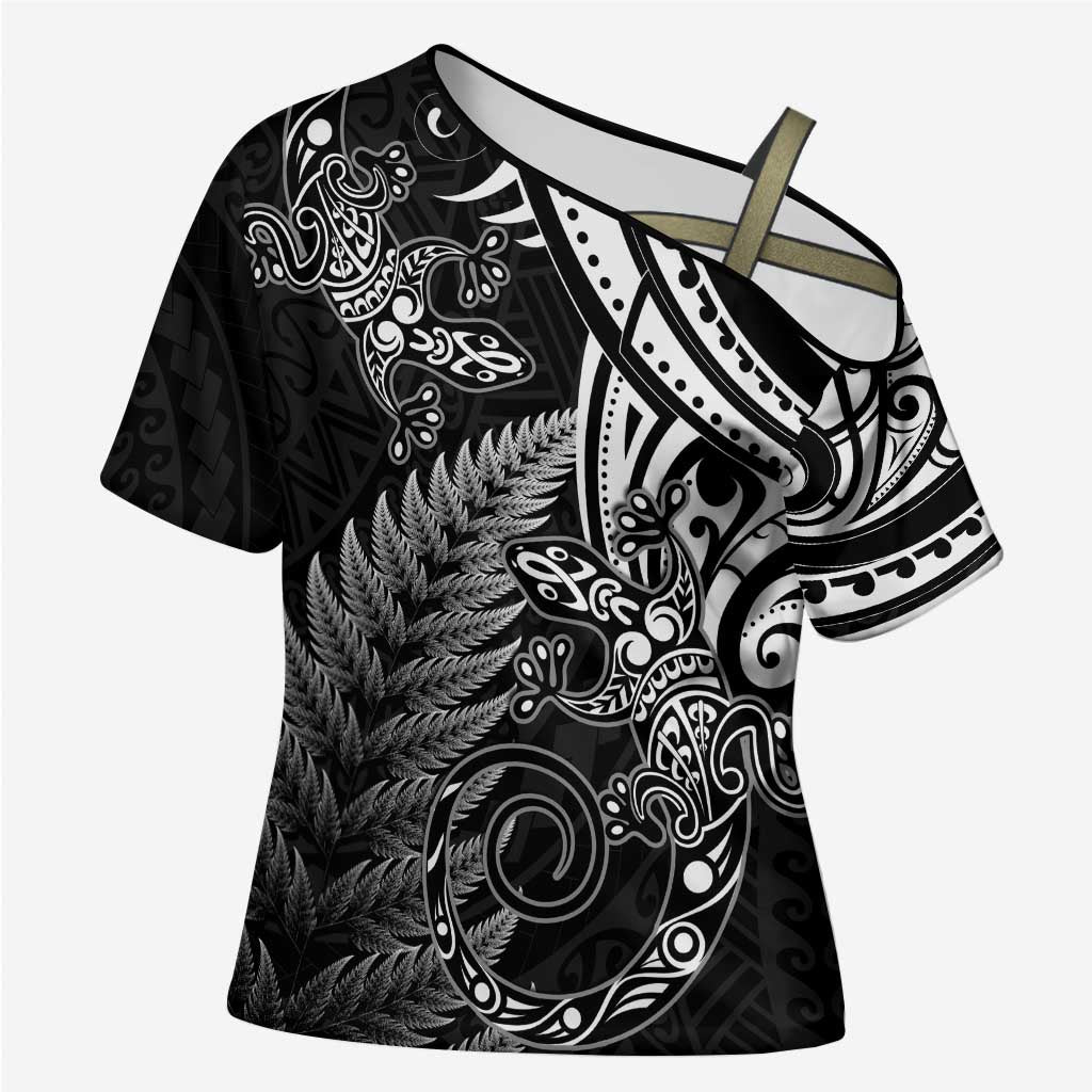 New Zealand Lizard Cross Shoulder Shirt Silver Fern Aotearoa Maori - Aussie Hoodie