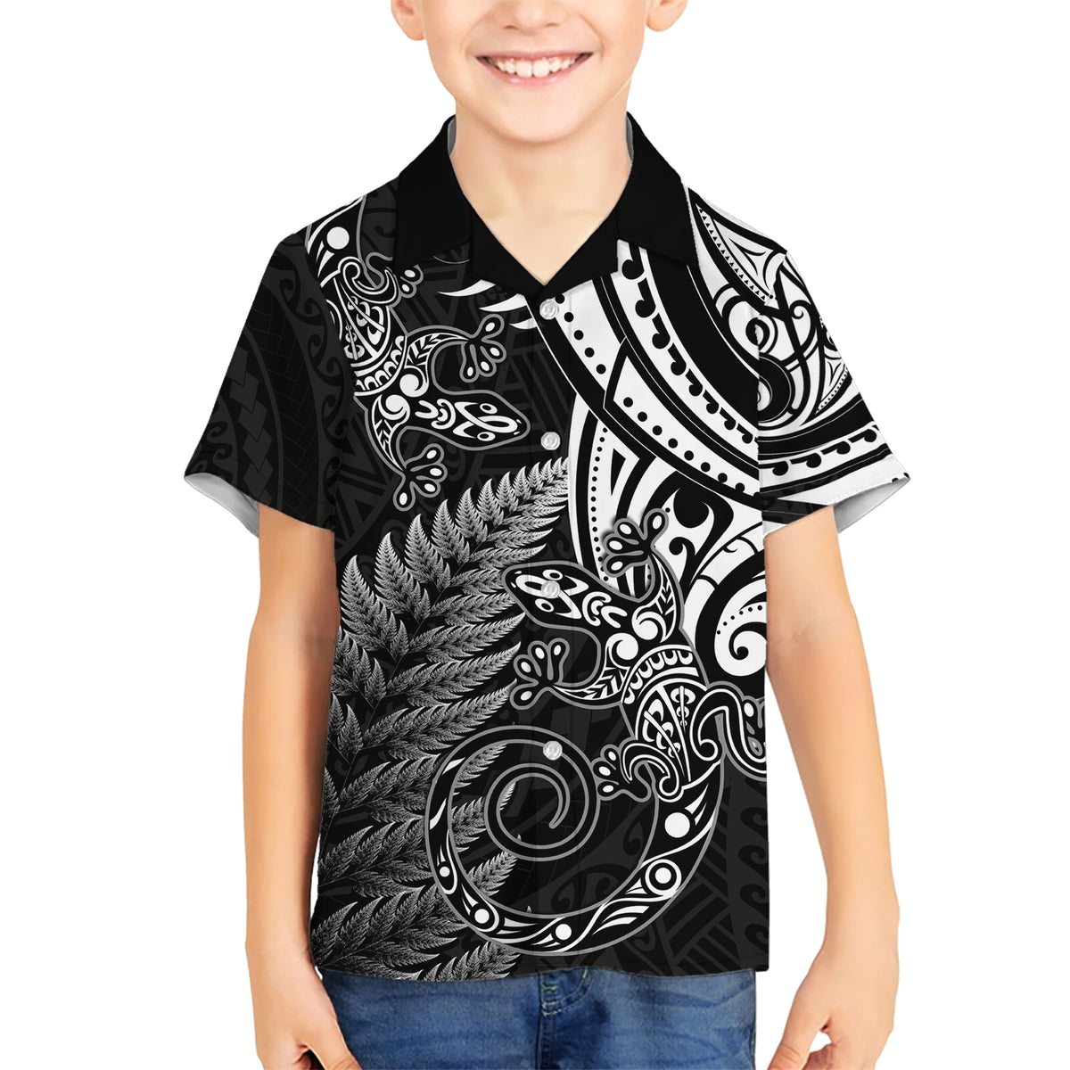 New Zealand Lizard Kid Hawaiian Shirt Silver Fern Aotearoa Maori