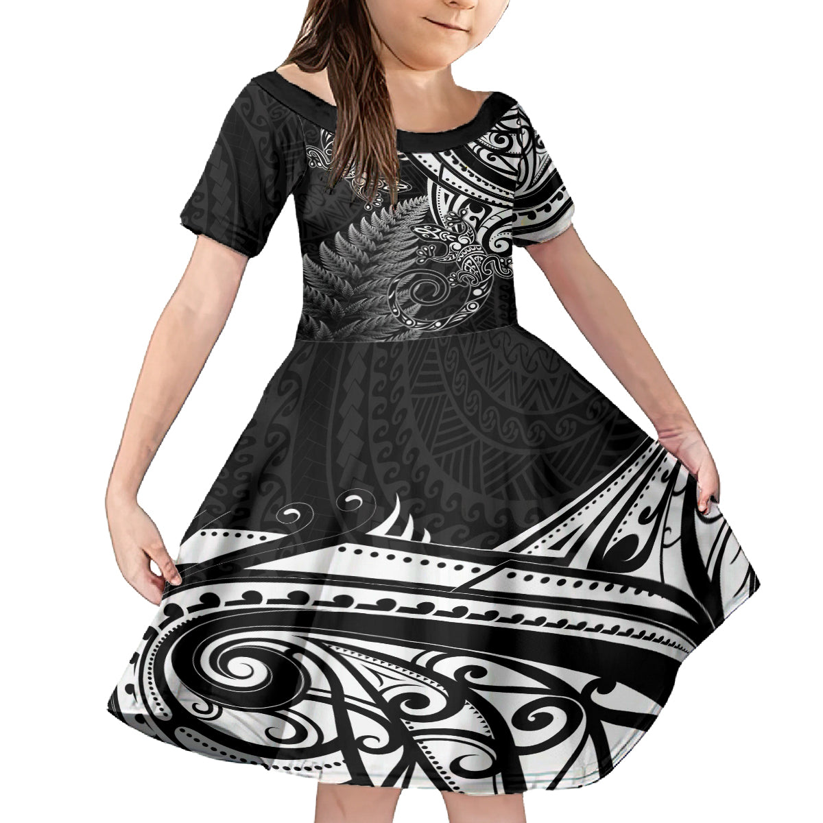 New Zealand Lizard Kid Short Sleeve Dress Silver Fern Aotearoa Maori
