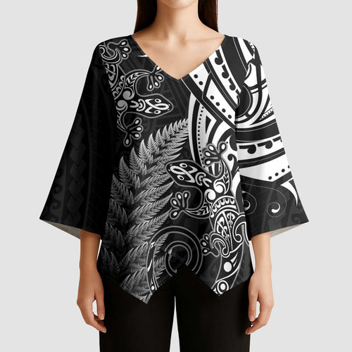 New Zealand Lizard Kimono Sleeve Blouse Silver Fern Aotearoa Maori - Aussie Hoodie