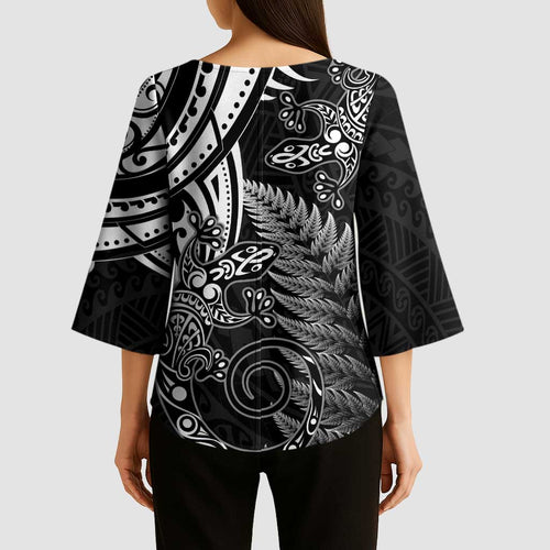 New Zealand Lizard Kimono Sleeve Blouse Silver Fern Aotearoa Maori - Aussie Hoodie