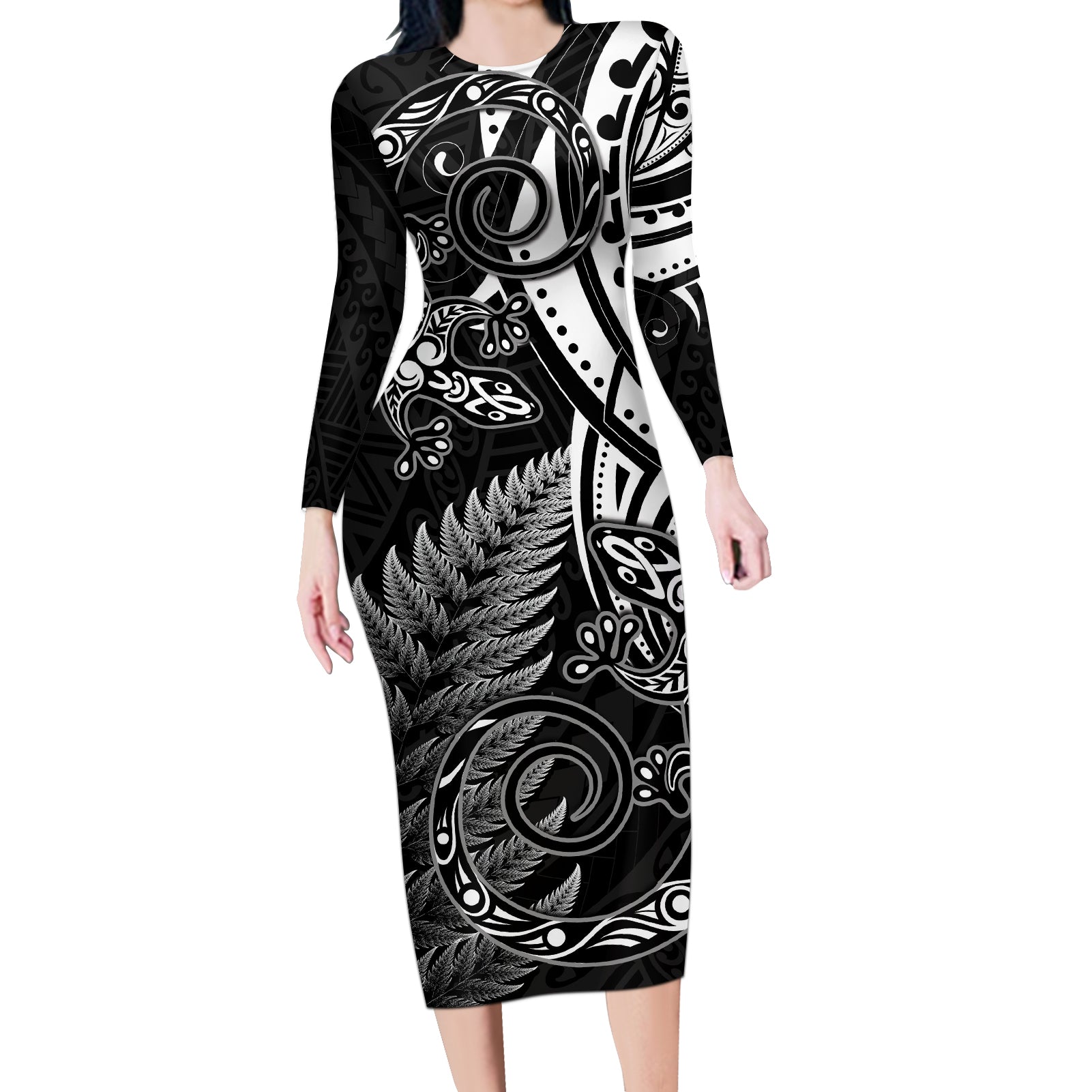 New Zealand Lizard Long Sleeve Bodycon Dress Silver Fern Aotearoa Maori