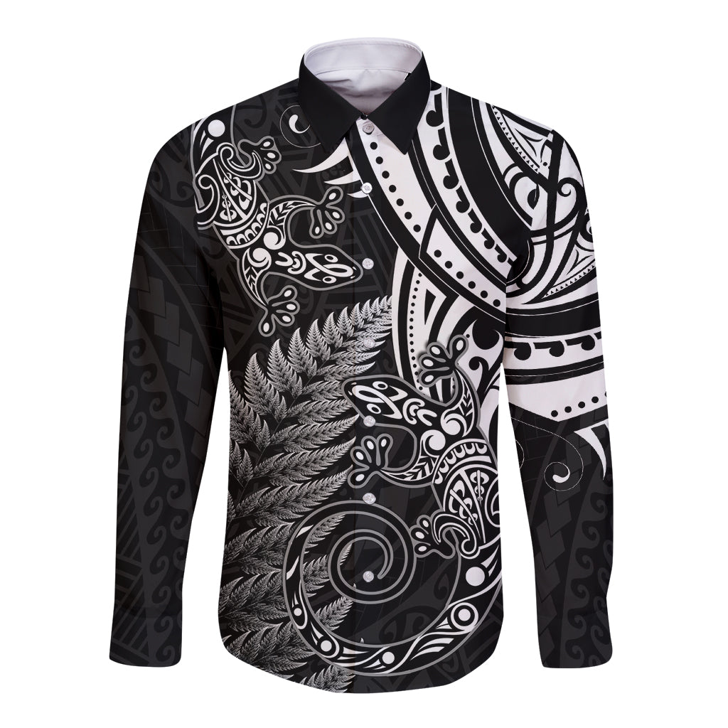 New Zealand Lizard Long Sleeve Button Shirt Silver Fern Aotearoa Maori