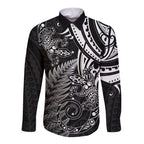 New Zealand Lizard Long Sleeve Button Shirt Silver Fern Aotearoa Maori