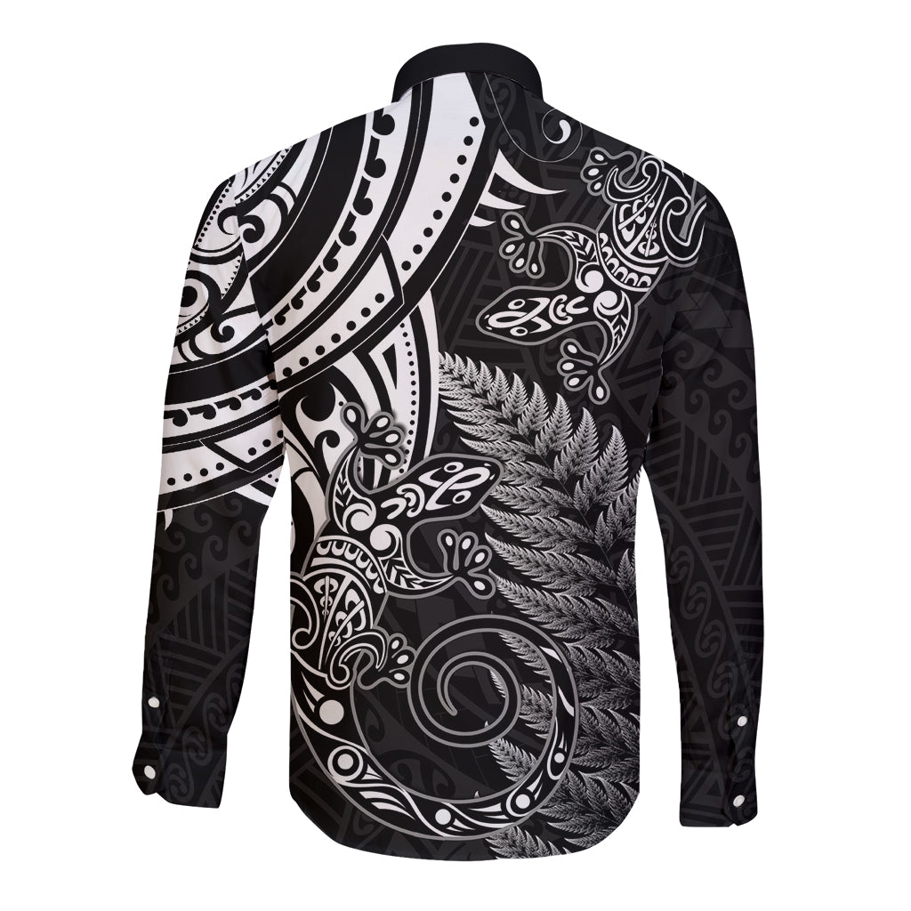 New Zealand Lizard Long Sleeve Button Shirt Silver Fern Aotearoa Maori