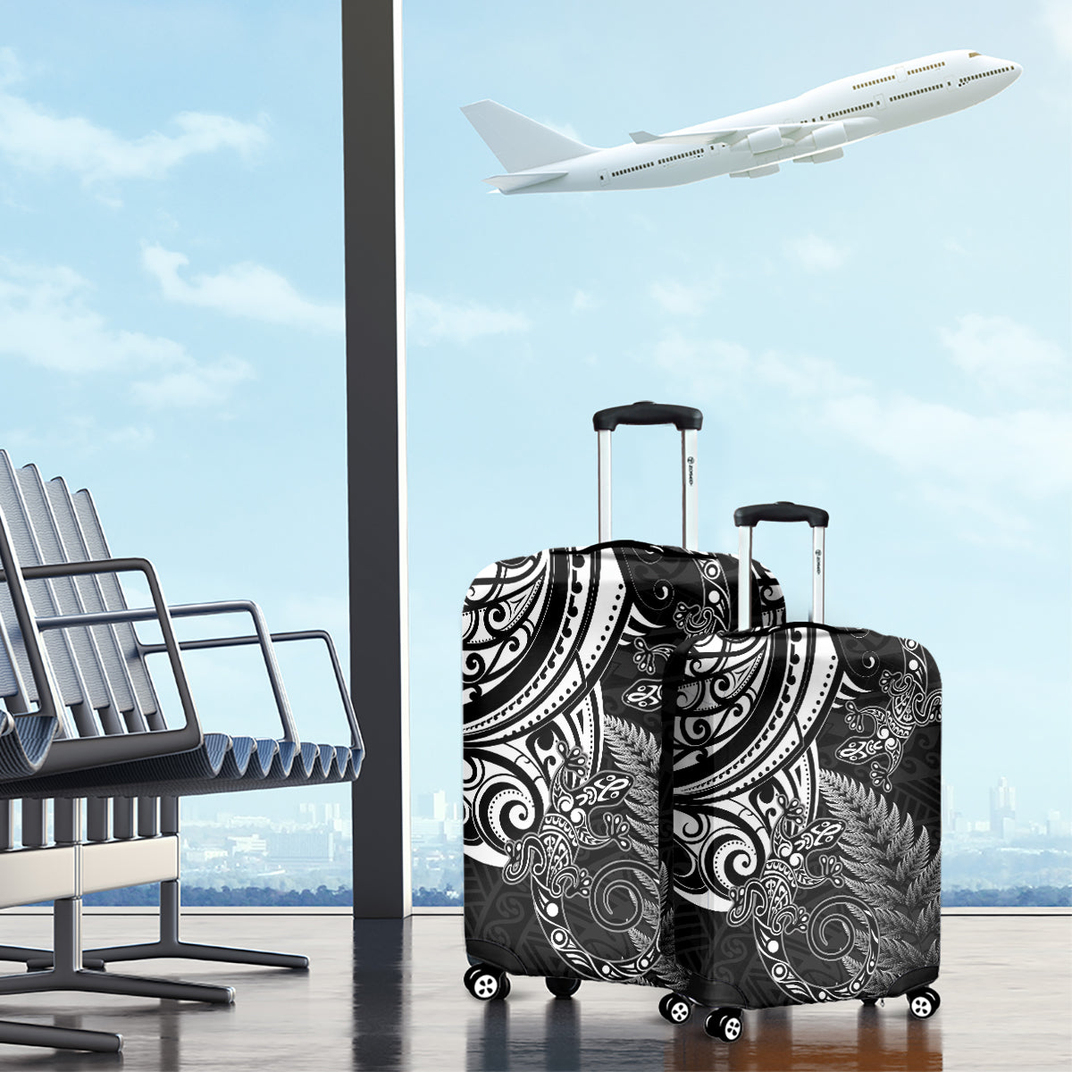 New Zealand Lizard Luggage Cover Silver Fern Aotearoa Maori