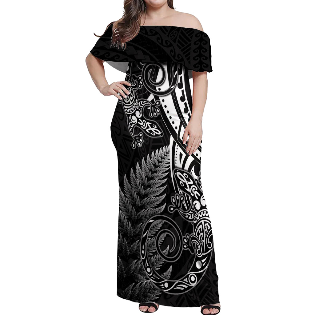 New Zealand Lizard Off Shoulder Maxi Dress Silver Fern Aotearoa Maori