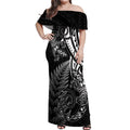 New Zealand Lizard Off Shoulder Maxi Dress Silver Fern Aotearoa Maori