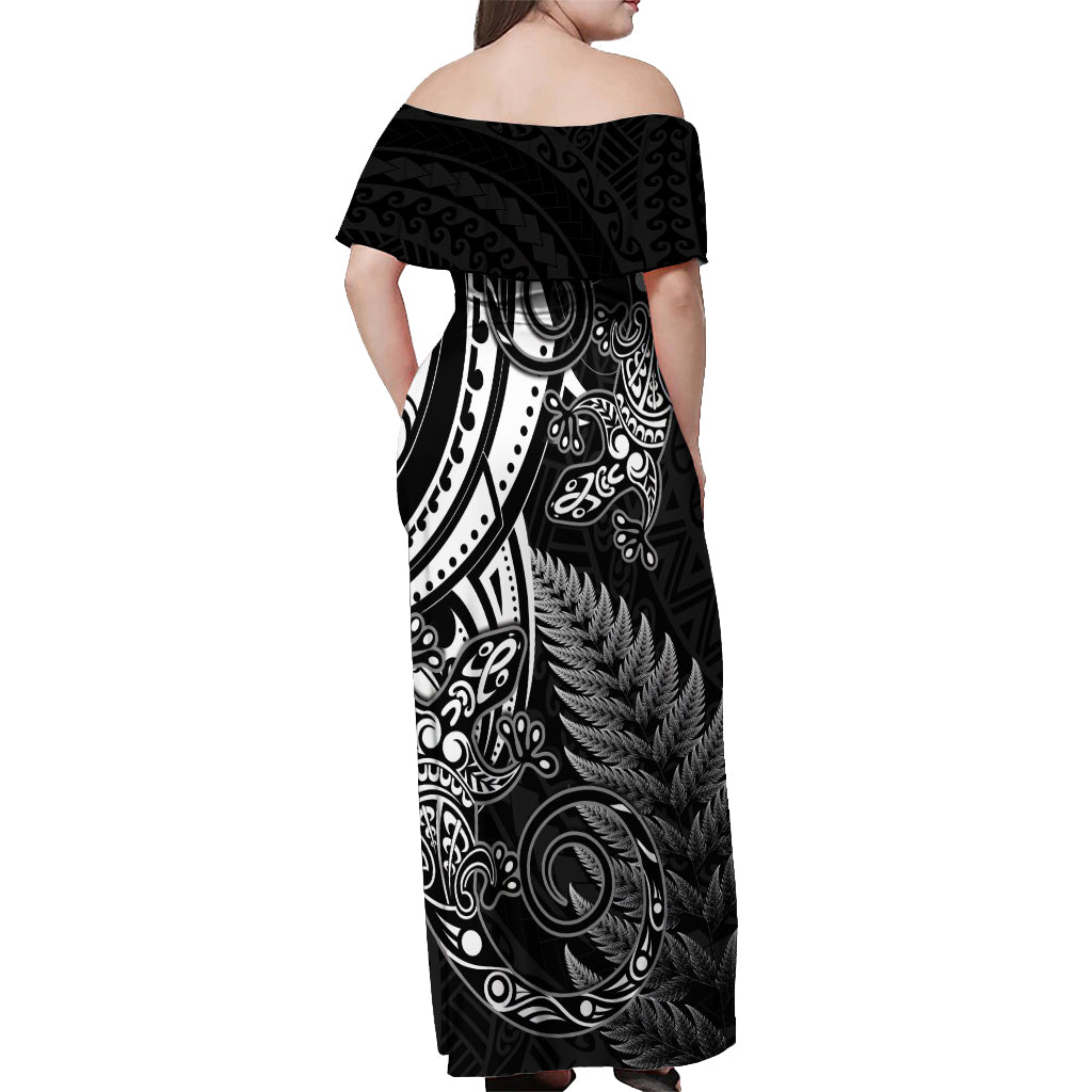New Zealand Lizard Off Shoulder Maxi Dress Silver Fern Aotearoa Maori