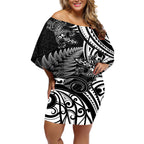 New Zealand Lizard Off Shoulder Short Dress Silver Fern Aotearoa Maori