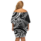New Zealand Lizard Off Shoulder Short Dress Silver Fern Aotearoa Maori