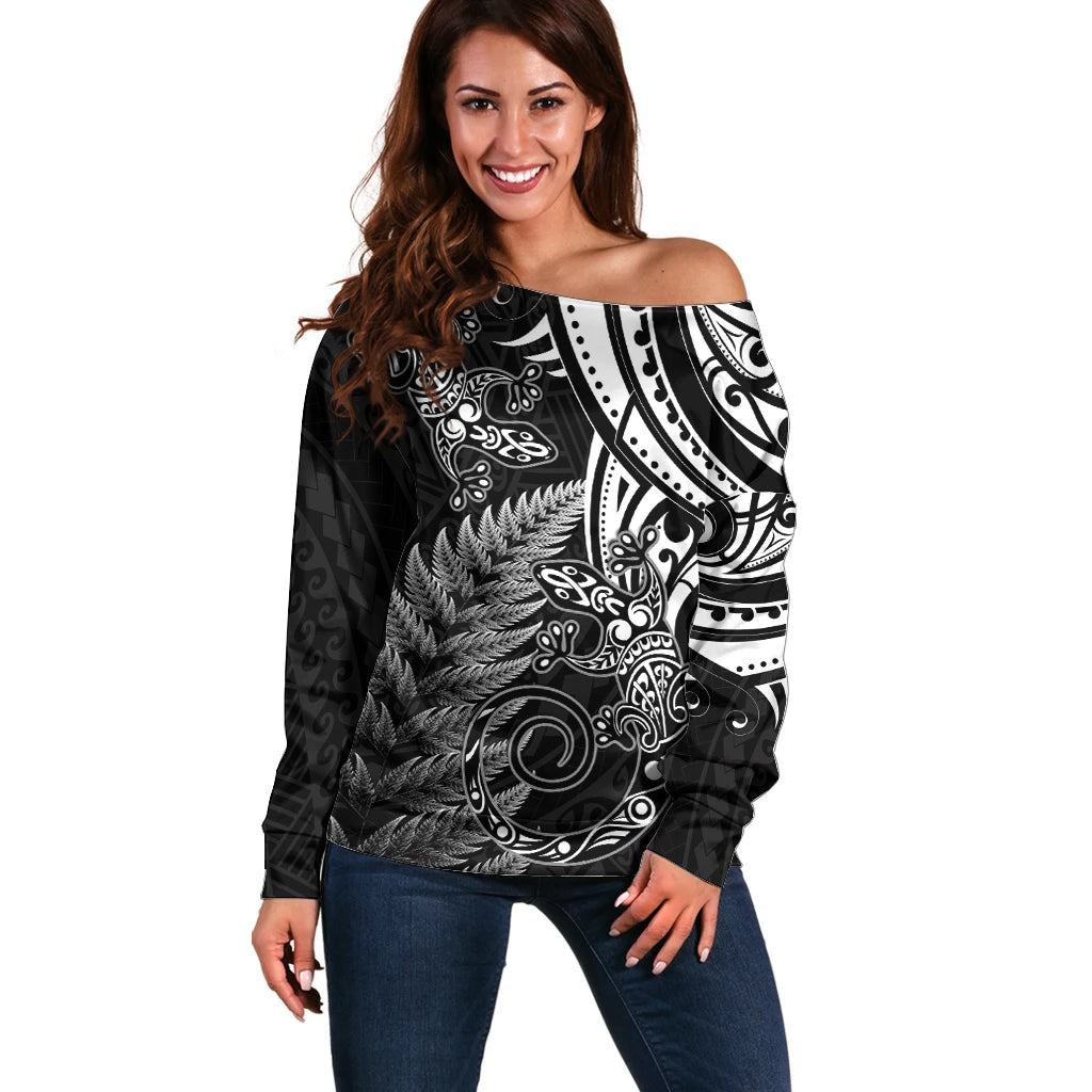 New Zealand Lizard Off Shoulder Sweater Silver Fern Aotearoa Maori