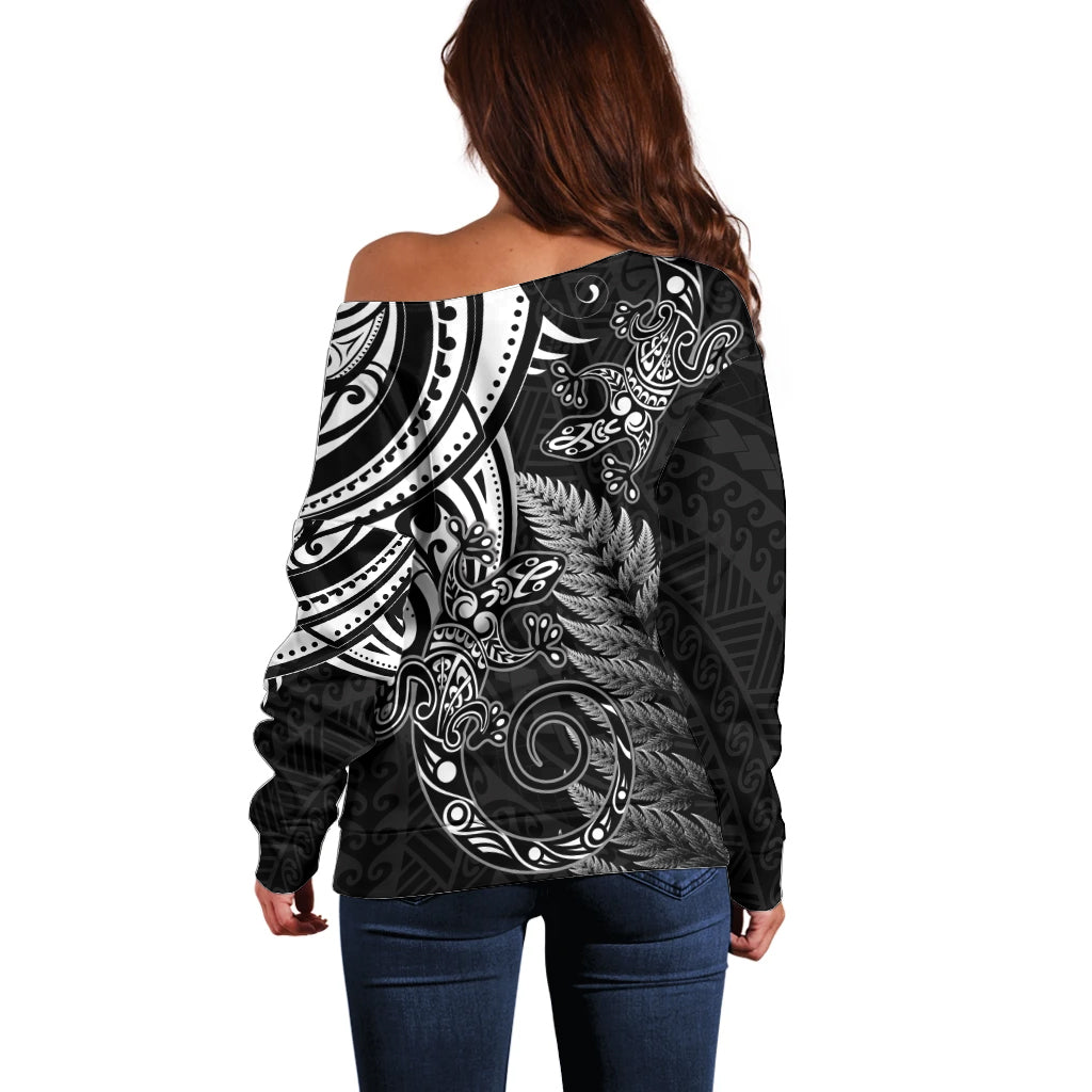 New Zealand Lizard Off Shoulder Sweater Silver Fern Aotearoa Maori