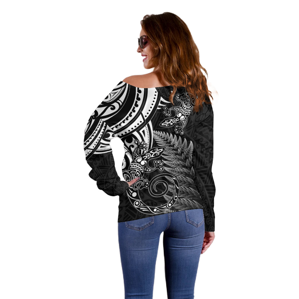 New Zealand Lizard Off Shoulder Sweater Silver Fern Aotearoa Maori
