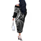 New Zealand Lizard Off The Shoulder Long Sleeve Dress Silver Fern Aotearoa Maori