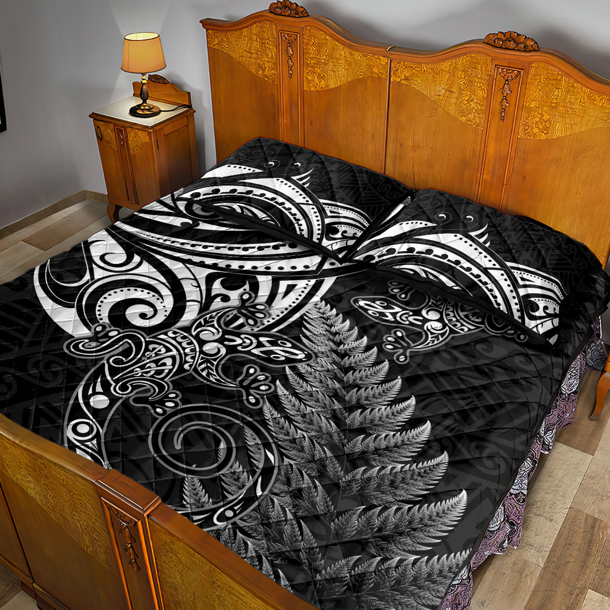 New Zealand Lizard Quilt Bed Set Silver Fern Aotearoa Maori