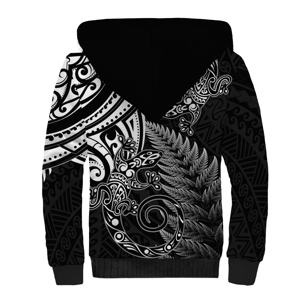 New Zealand Lizard Sherpa Hoodie Silver Fern Aotearoa Maori