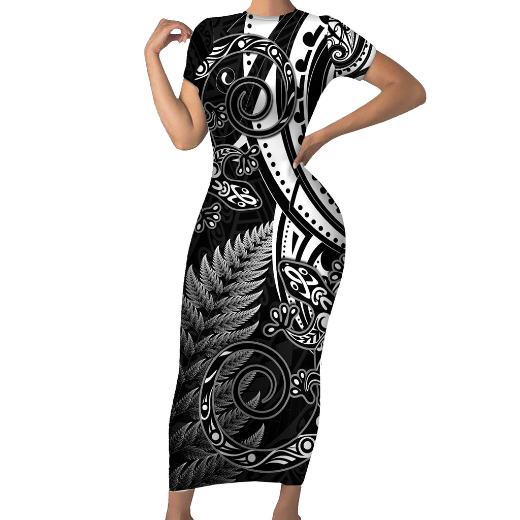 New Zealand Lizard Short Sleeve Bodycon Dress Silver Fern Aotearoa Maori