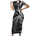 New Zealand Lizard Short Sleeve Bodycon Dress Silver Fern Aotearoa Maori
