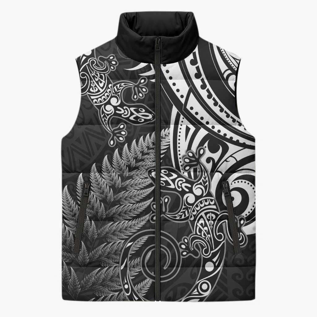 New Zealand Lizard Sleeveless Puffer Jacket Silver Fern Aotearoa Maori - Aussie Hoodie