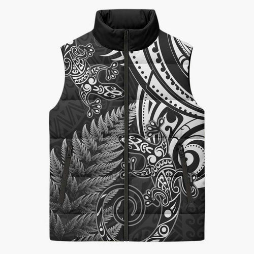 New Zealand Lizard Sleeveless Puffer Jacket Silver Fern Aotearoa Maori - Aussie Hoodie