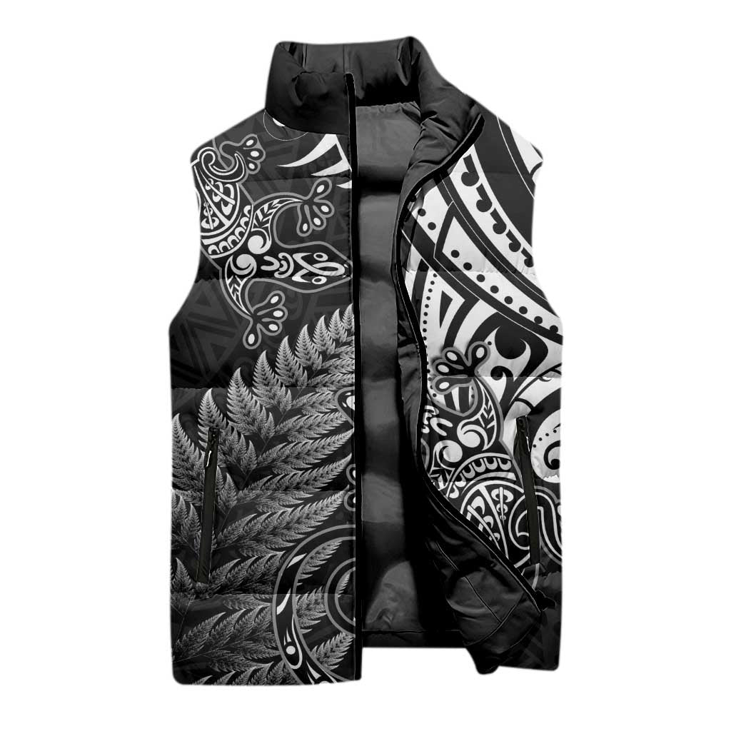 New Zealand Lizard Sleeveless Puffer Jacket Silver Fern Aotearoa Maori - Aussie Hoodie