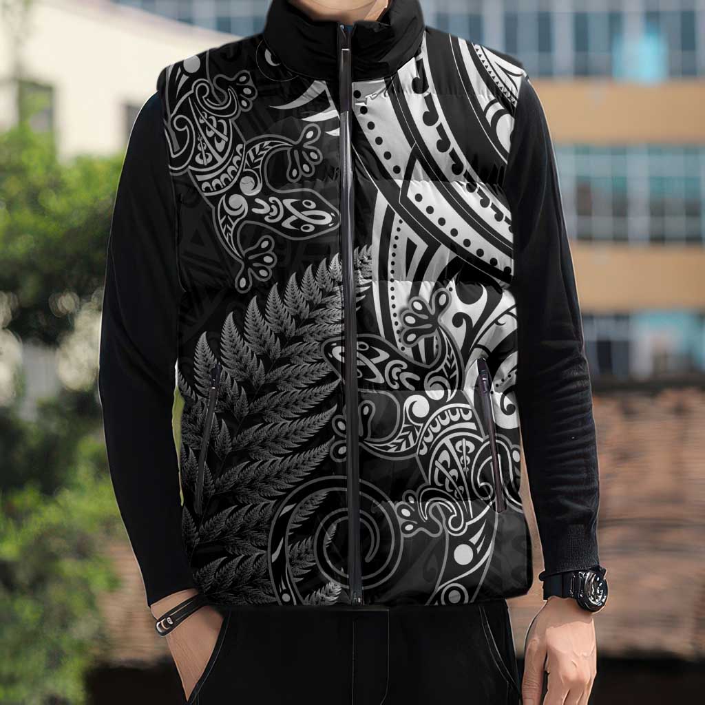 New Zealand Lizard Sleeveless Puffer Jacket Silver Fern Aotearoa Maori - Aussie Hoodie