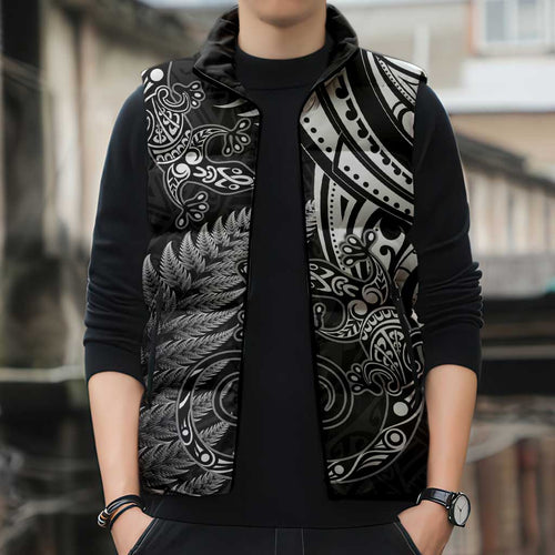 New Zealand Lizard Sleeveless Puffer Jacket Silver Fern Aotearoa Maori - Aussie Hoodie