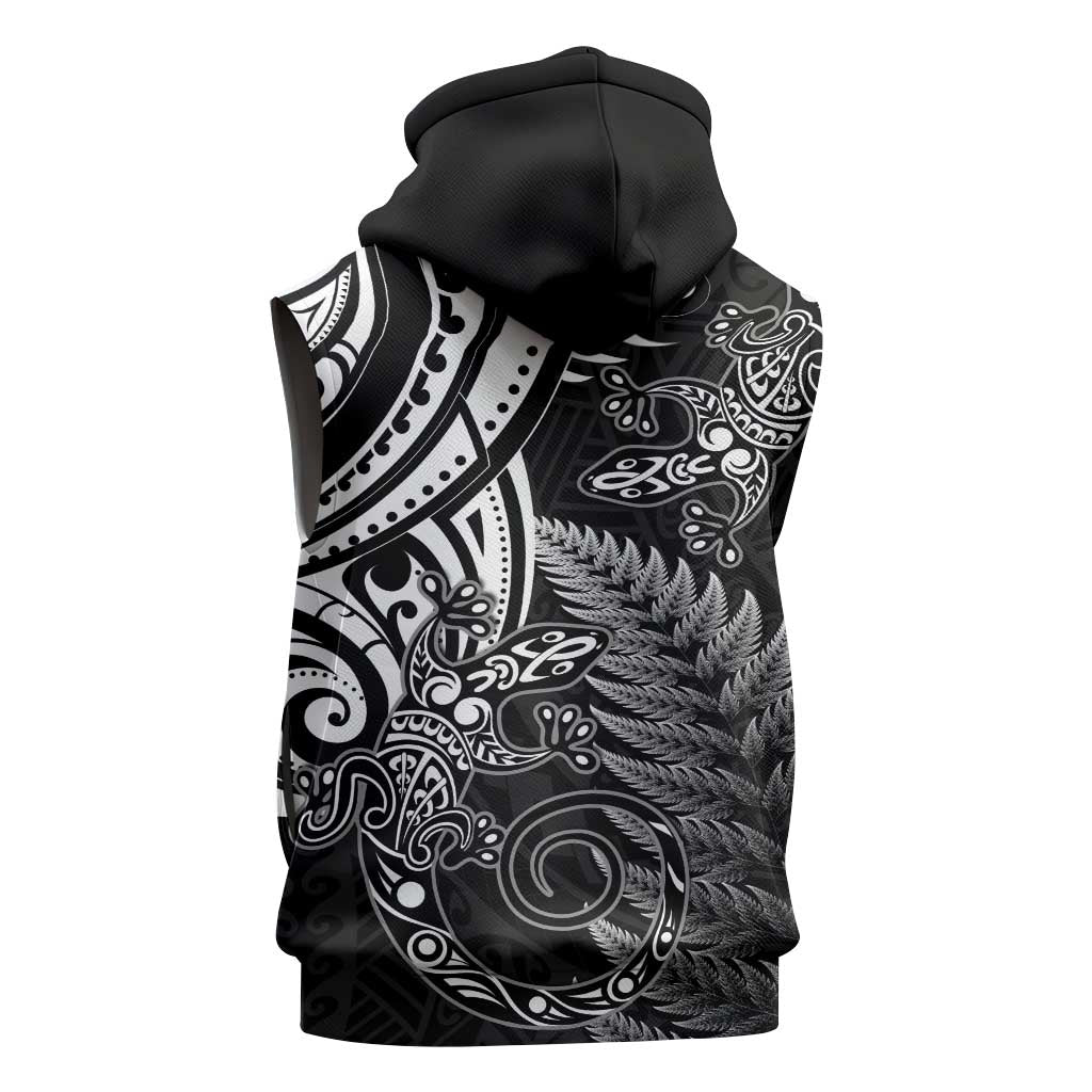 New Zealand Lizard Sleeveless Zip Hoodie Silver Fern Aotearoa Maori LT14