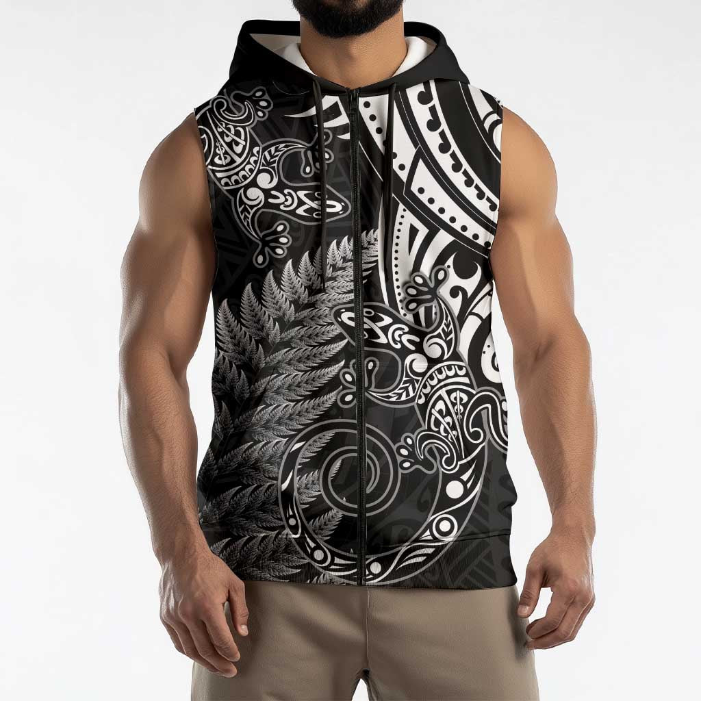 New Zealand Lizard Sleeveless Zip Hoodie Silver Fern Aotearoa Maori LT14
