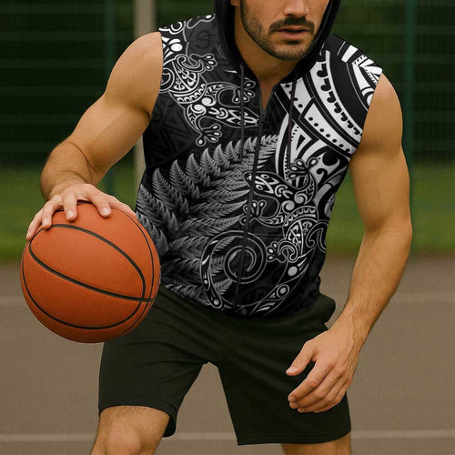 New Zealand Lizard Sleeveless Zip Hoodie Silver Fern Aotearoa Maori LT14
