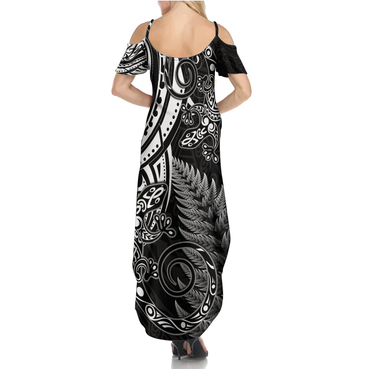 New Zealand Lizard Summer Maxi Dress Silver Fern Aotearoa Maori