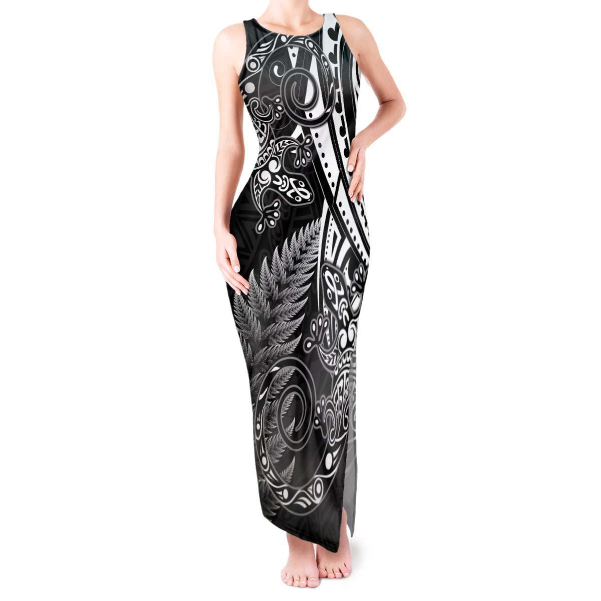 New Zealand Lizard Tank Maxi Dress Silver Fern Aotearoa Maori