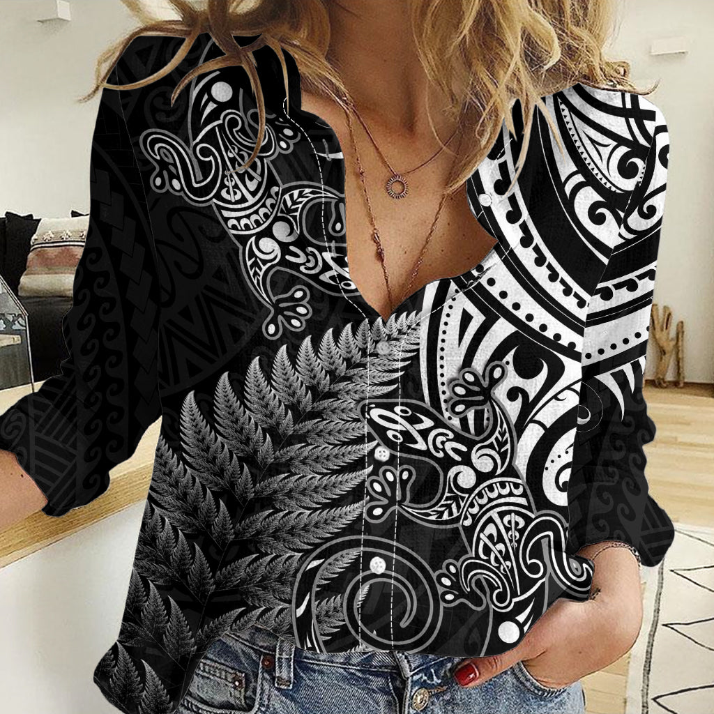 New Zealand Lizard Women Casual Shirt Silver Fern Aotearoa Maori